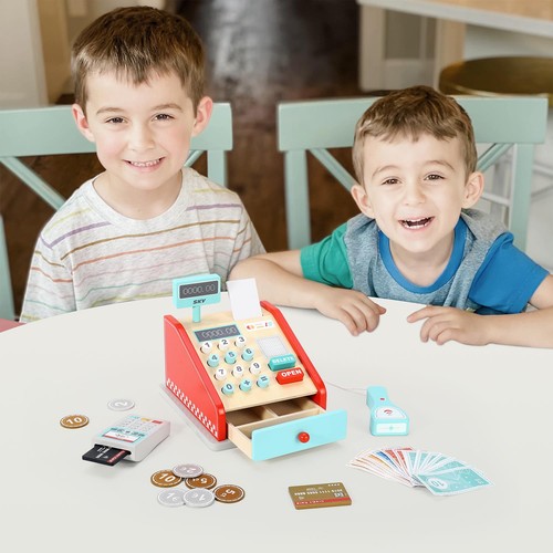 Wooden cash register toy - toy, red