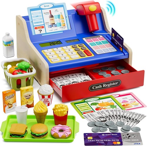Wooden cash register for kids - cash,